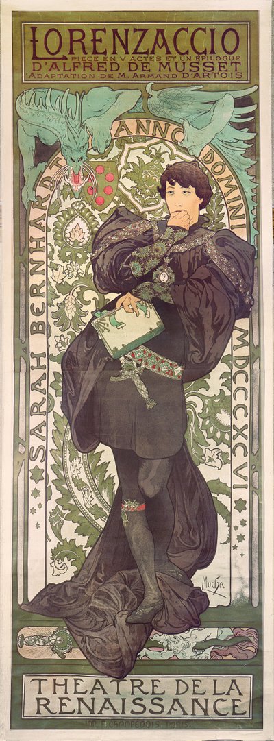 Lorenzaccio, con Sarah Bernhardt, en el Renacimiento en el Théâtre de la Renaissance (póster), 1896 (litografía) de Alphonse Mucha